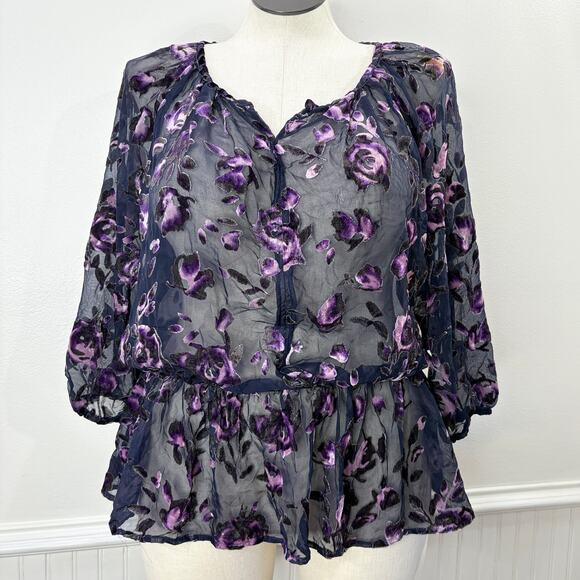Faded Glory Size XXL Floral Velvet Burnout Top Floral Whimsigoth Fairy Grunge - Picture 1 of 14